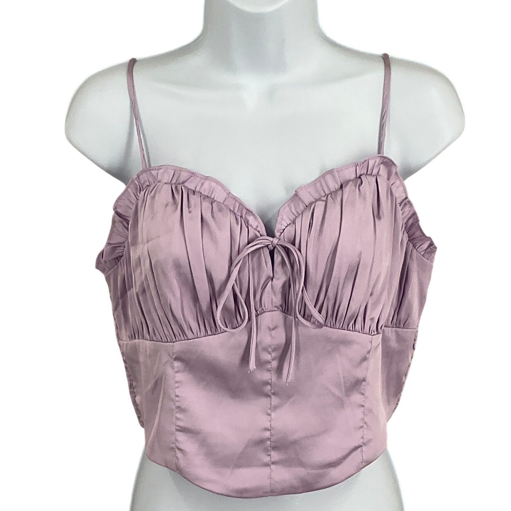 Altar'd State Cami Top Sz L Purple Satin Ruffle Smocked Crop Balletcore Coquette
